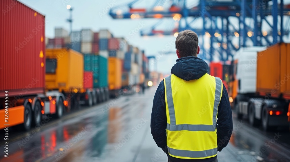 Engineer in Safety Vest Overseeing Busy Port Operations with Cargo Containers and Trucks Engineer in Safety Vest Overseeing Busy Port Operations with Cargo Containers and Trucks