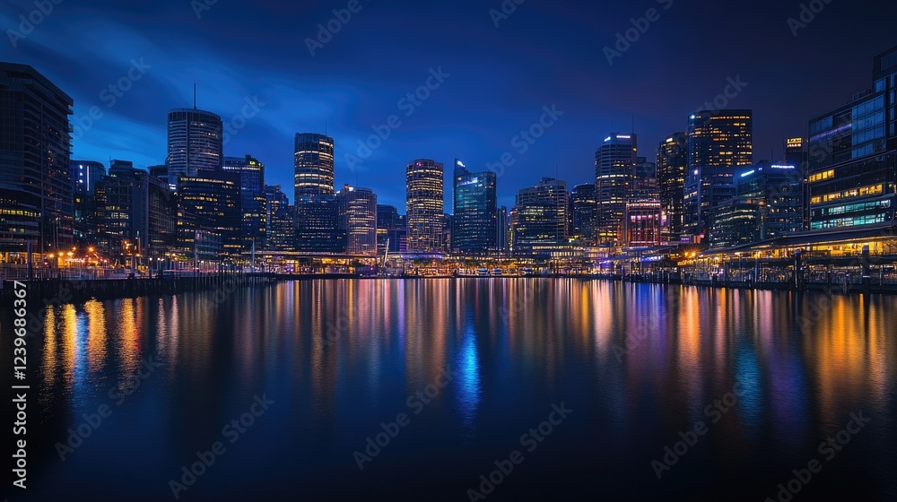 Naklejka premium The lights of a vibrant metropolitan skyline glow in the twilight, reflecting on the smooth surface of a harbor, creating a peaceful yet dynamic scene at blue hour.