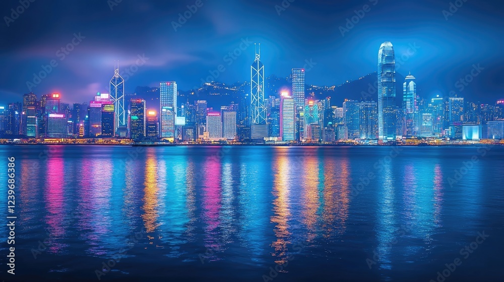 Obraz premium The lights of a vibrant metropolitan skyline glow in the twilight, reflecting on the smooth surface of a harbor, creating a peaceful yet dynamic scene at blue hour.
