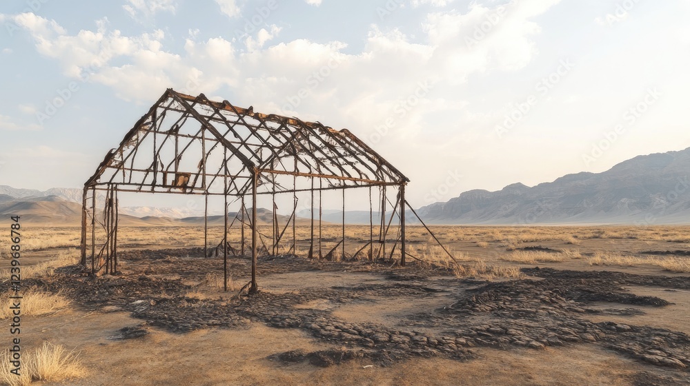 The ruins of a greenhouse, its metal framework twisted and decayed, set against the barren desert landscape, with cracked ground and distant hills under a soft, hazy sky.