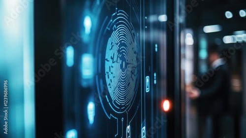 Abstract digital interface with a person walking, symbolizing future technology and connection