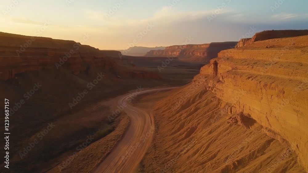 Naklejka premium Aerial Sunset Canyon Landscape Warm Golden Light and Rugged Red Brown Rock Formations