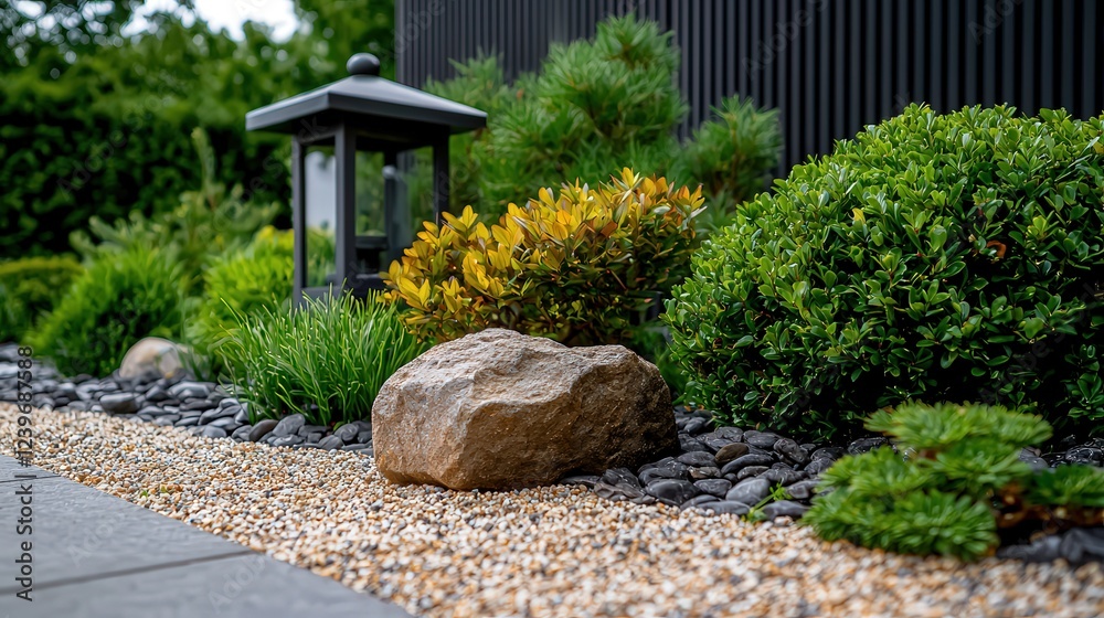 Obraz premium A Tranquil Rock Nestled in a Lush Garden Surrounded by Vibrant Greenery and Colorful Flowers Creating a Serene Natural Atmosphere of Calm
