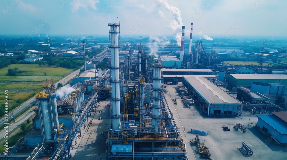 Aerial view of a sprawling industrial complex with smokestacks and infrastructure Aerial view of a sprawling industrial complex with smokestacks and infrastructure