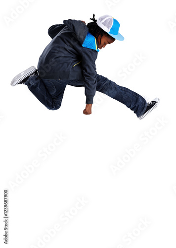 Obraz na płótnie Jump, dance and young child with celebration success and energy for hip hop learning and talent. Freedom, moving and kid or youth dancer in air with streetwear isolated on png, transparent background w salonie