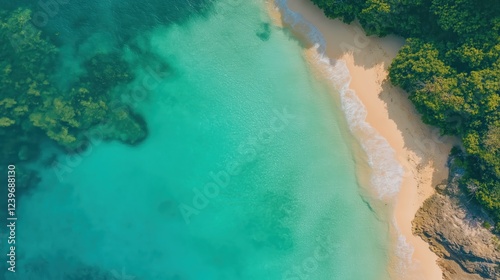 Aerial View of Tropical Beach Turquoise Water, White Sand, and Lush Green Coastline