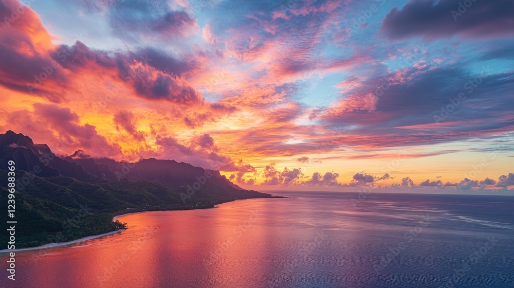 Vibrant sunset colors light up the South Pacific Ocean and Moorea lagoon, creating a breathtaking panorama from a high-angle view, filled with warmth and tranquility. Vibrant sunset colors light up the South Pacific Ocean and Moorea lagoon, creating a breathtaking panorama from a high-angle view, filled with warmth and tranquility.