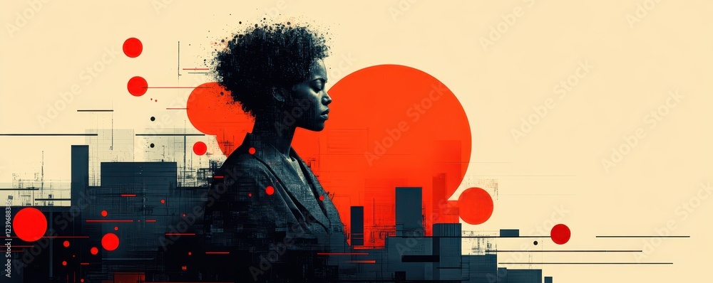 Contemplative Profile of a Woman with Afro Hairstyle Overlayed on Abstract Geometric Red and Black Cityscape Art in a Bold Artistic Style Contemplative Profile of a Woman with Afro Hairstyle Overlayed on Abstract Geometric Red and Black Cityscape Art in a Bold Artistic Style