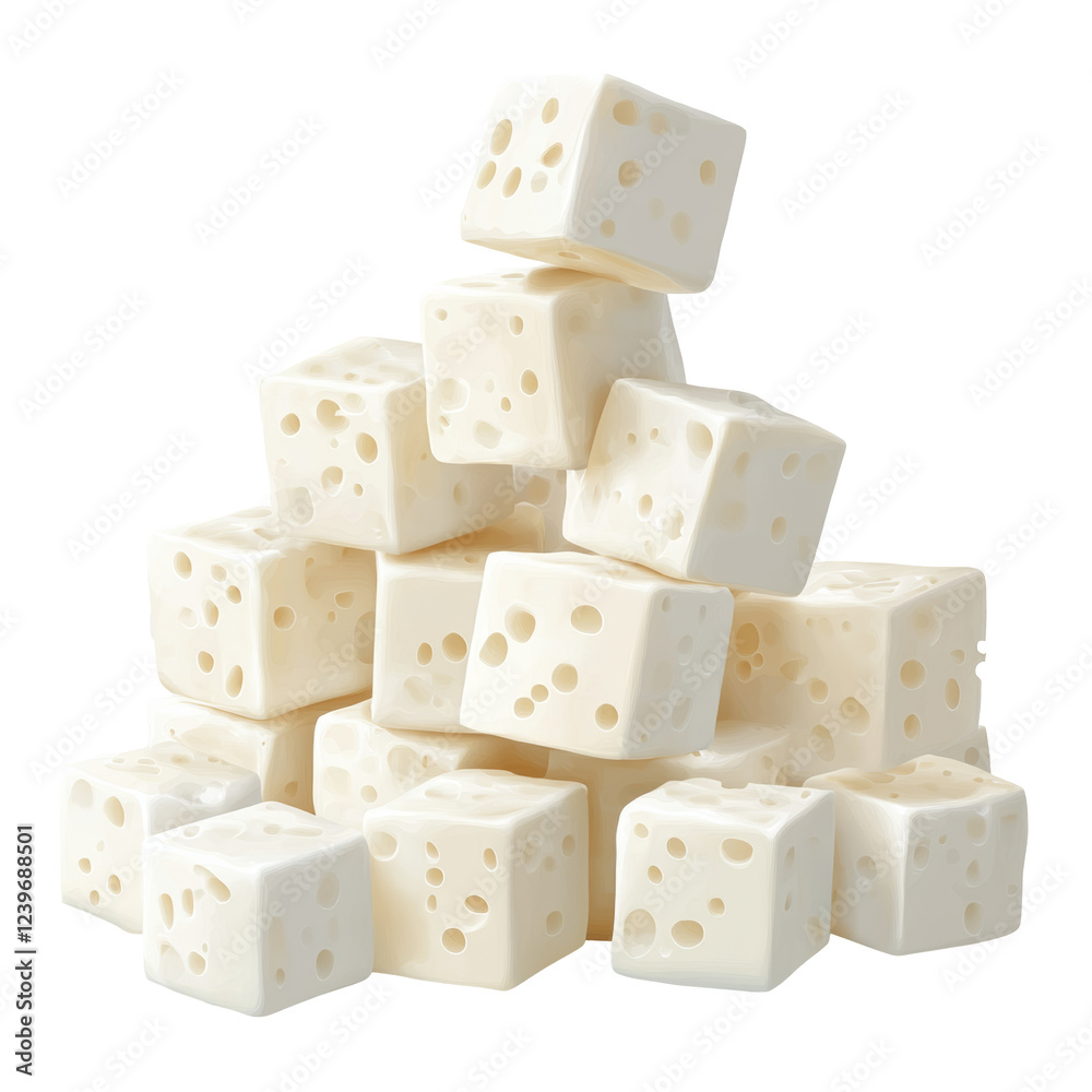 White cheese cubes stacked against a transparent background ideal for culinary presentations and creative food designs White cheese cubes stacked against a transparent background ideal for culinary presentations and creative food designs