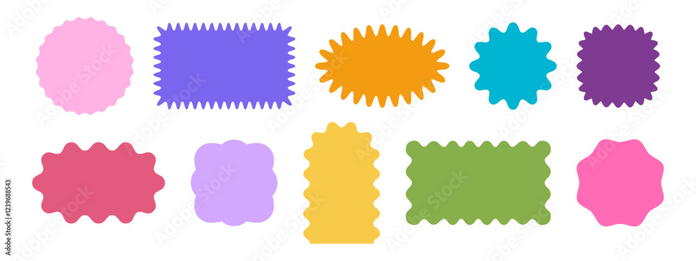 Set of colorful arch, rectangle and square, oval and circle shapes with wavy edges. Simple cute geometric forms with scalloped borders. Empty boxes, tags or labels. Vector flat illustration.