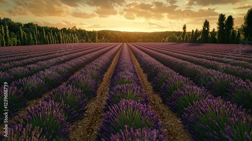 Breathtaking Field of Lavender Flowers Bathed in Warm Sunset Glow Creating a Tranquil and Dreamlike Atmosphere in Nature's Embrace of Beauty