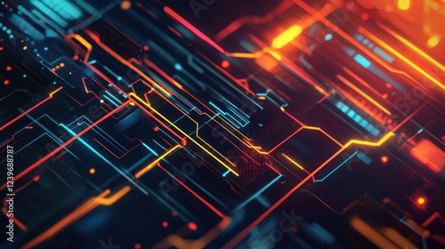 Abstract glowing circuit board with vibrant neon lines for technology concept