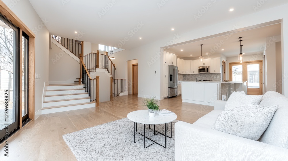 Fototapeta premium Modern open-plan home interior, stairs, kitchen view