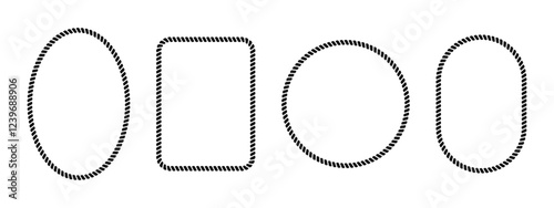 Set of oval, rectangle and round rope frames. Shapes with cord, thread or cable texture isolated on white background. Vignettes for picture or photo in nautical style. Vector flat illustration.