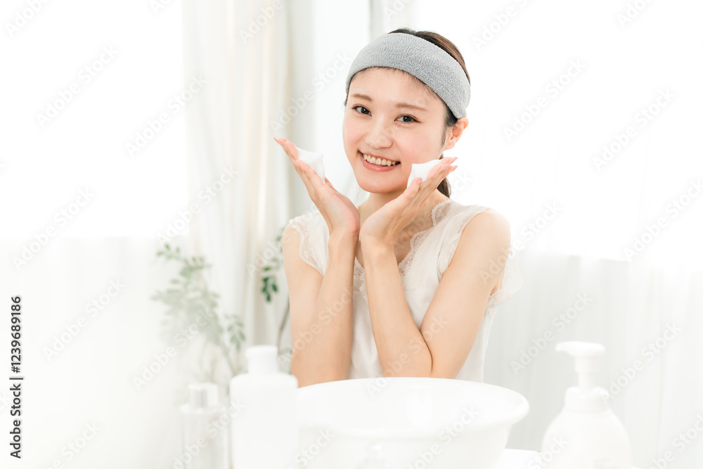 家で洗顔フォーム・洗顔料を使って泡洗顔をする若いアジア人女性
