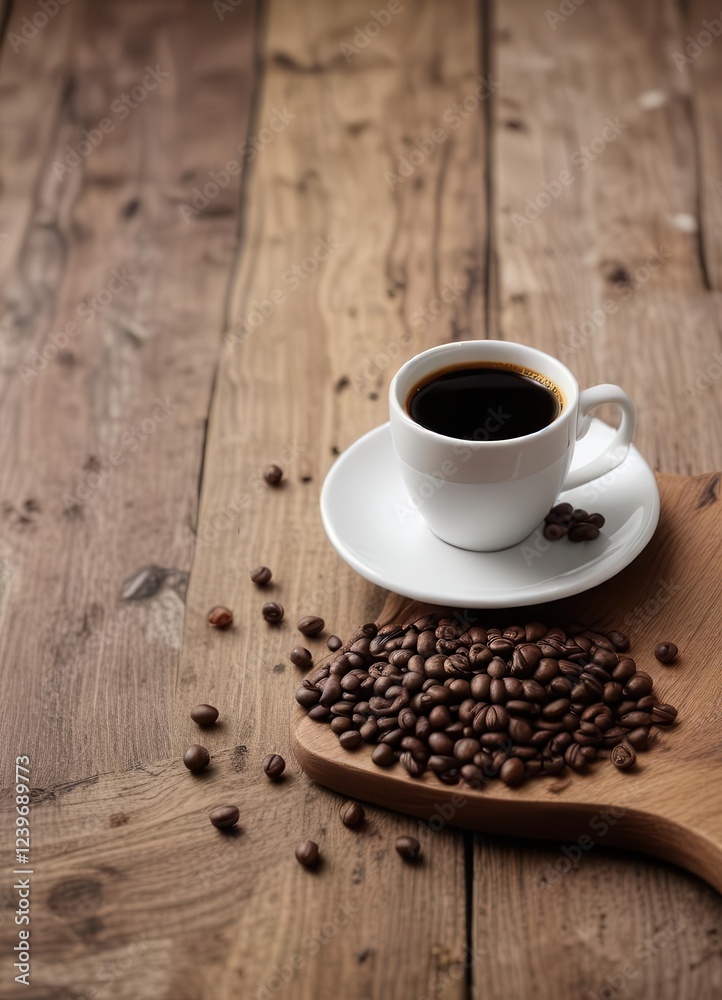 Coffee beans on old wooden table next to an espresso cup, cozy atmosphere, espresso cup, home accessories Coffee beans on old wooden table next to an espresso cup, cozy atmosphere, espresso cup, home accessories