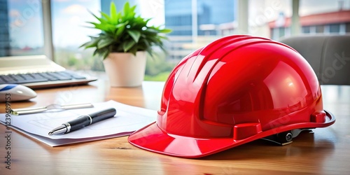 Compensation Claim Form and Red Safety Helmet on Desk photo