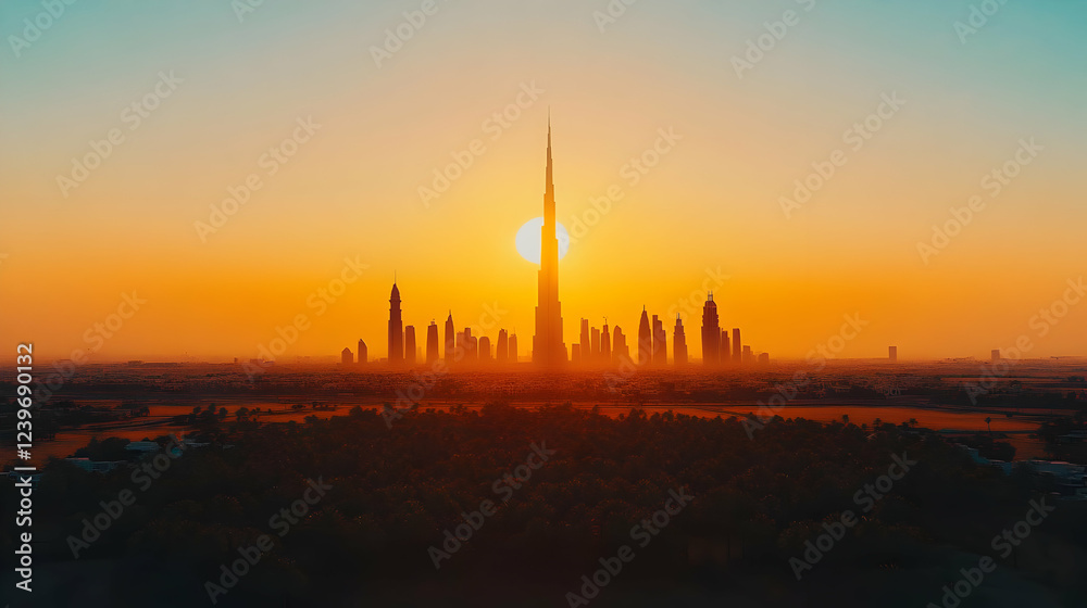 Obraz premium Modern Metropolis Silhouetted Against a Vibrant Sunset, Painting the Sky in Warm Hues Over the Cityscape