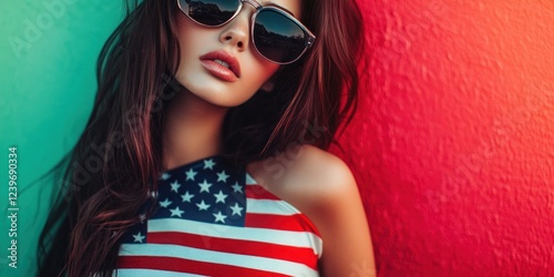 Stylish Woman in Patriotic Outfit against Vibrant Background