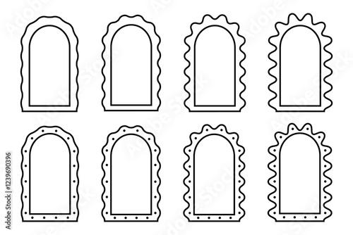 Set of arch frames with wavy edges. Simple geometric forms with curvy borders. Empty scalloped boxes, tags or labels in archway shapes. Vector graphic illustration.