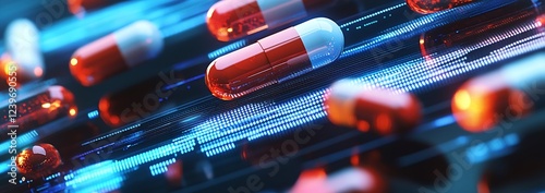 Digital Technology and Pharmaceutical Capsules with Neon Light Effects on Dark Background : Generative AI