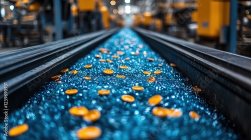 Vibrant orange objects scattered on a blue surface in a busy industrial setting