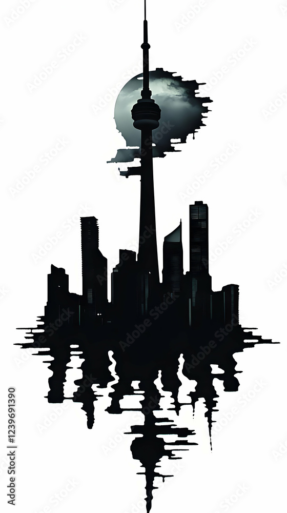 Obraz premium Silhouette Cityscape with Tower and Moon Reflects on Water Surface Beautifully at Night