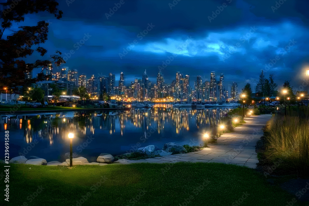 Fototapeta premium Cityscape Reflects in Calm Water at Night with Lighted Pathway Along Shore Tranquilly.