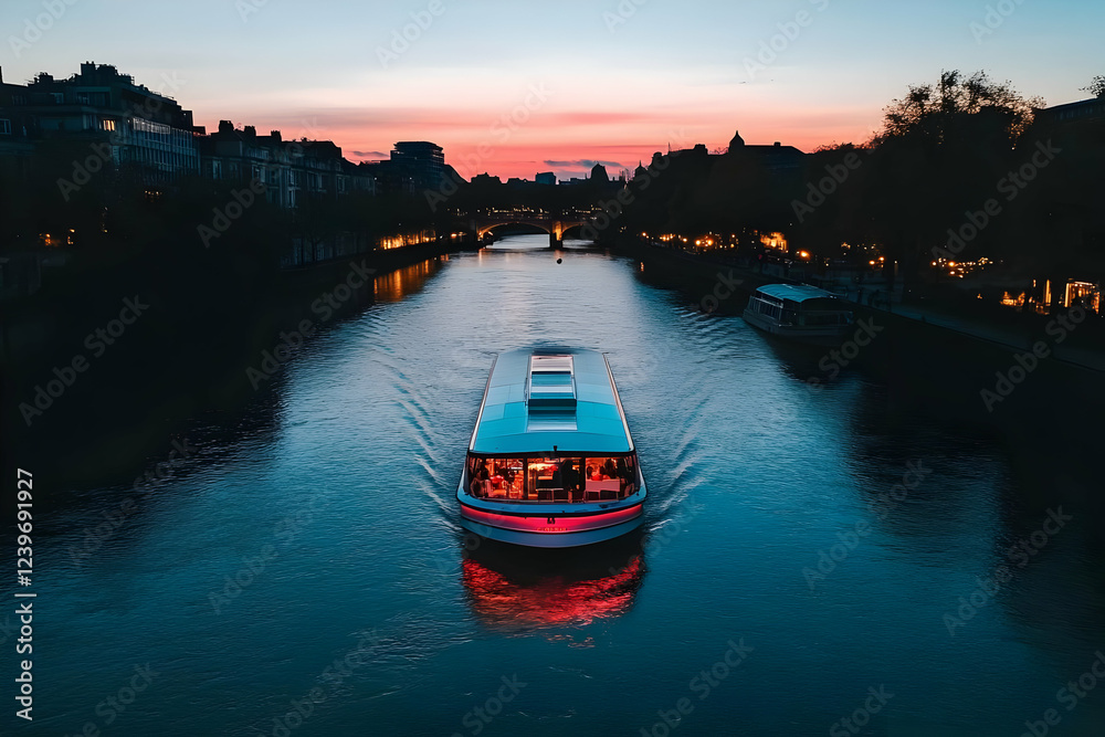 Naklejka premium Passenger Boat Cruises Down a Tranquil River at Sunset with City Skyline Silhouetted in the Background