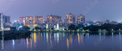 Hyderabad cityscape panoramic view in night time in Telangana state, India. photo