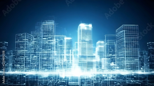 Futuristic Cityscape: Glowing Blue Buildings Stand Tall in Abstract City at Night