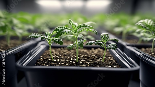 Lush Young Cannabis Plants Growing in Modern Planting Pots with Soil : Generative AI photo