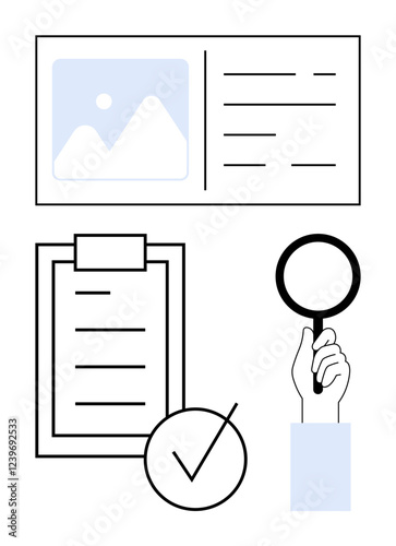 Magnifying glass, checklist with check mark, and image-text information card. Ideal for review, analysis, organization, research, inspection, accuracy abstract line flat metaphor