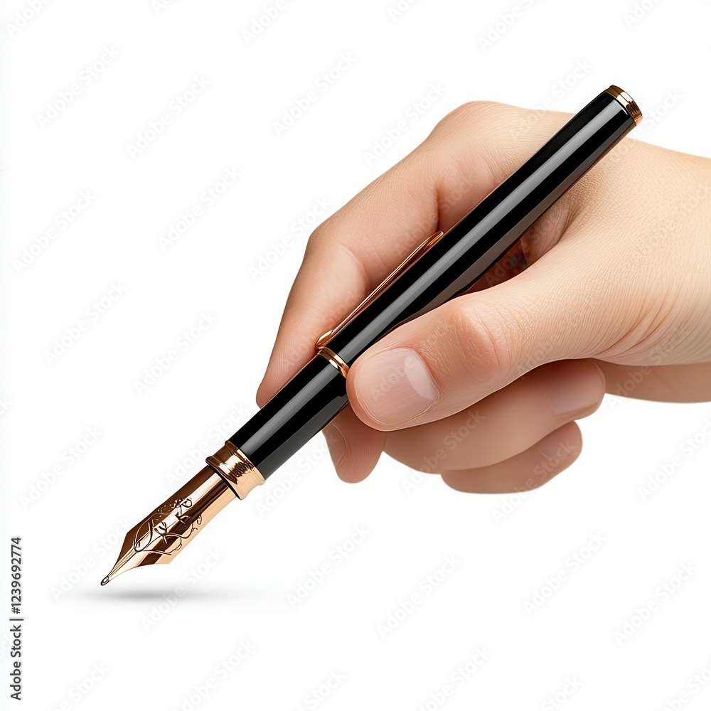 Hand Holding Black And Gold Fountain Pen Against White Background Hand Holding Black And Gold Fountain Pen Against White Background