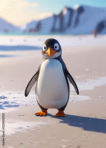 Colorful Cartoon Penguin Waddling on Snowy Beach ,  waddle,  colorful,  penguin