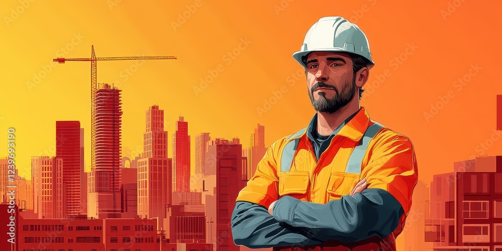 Portrait of a Construction Worker with Orange Safety Gear and Helmet Standing Confidently Against the Vibrant City Skyline Background in Sunset Hues Portrait of a Construction Worker with Orange Safety Gear and Helmet Standing Confidently Against the Vibrant City Skyline Background in Sunset Hues