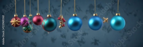 Colorful Christmas ornament elements suspended in mid-air on a serene blue background,  hanger,  elegant,  ornamentation