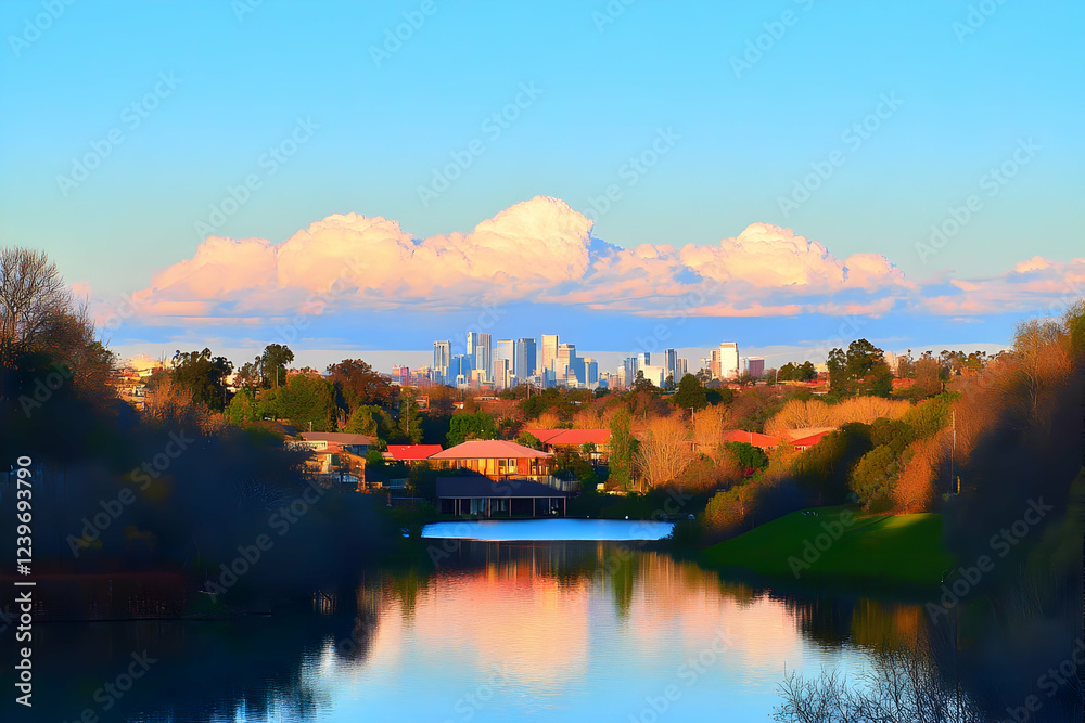 Fototapeta premium Serene Lake Reflects City Skyline Under Pastel Clouds at Sunset with Colorful Foliage