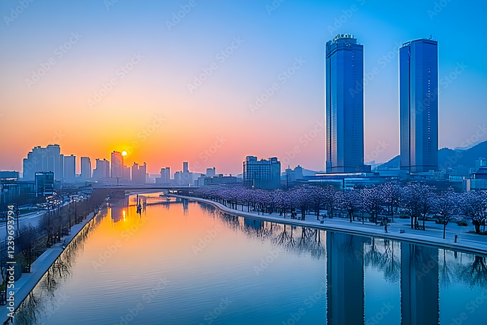 Naklejka premium Cityscape Reflects in Calm River at Sunrise with Modern Towers and Cherry Blossoms