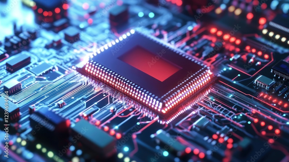 Futuristic circuit board with glowing components and central processor unit Futuristic circuit board with glowing components and central processor unit