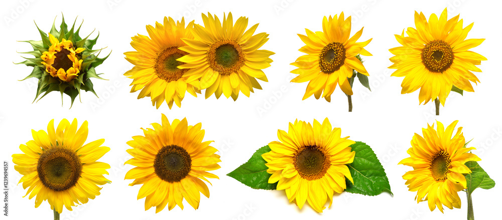 Fototapeta premium Collection sunflower flower evolution stages isolated on white background. Seeds and oil. Flat lay, top view