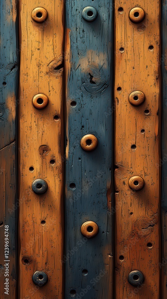 Close-Up of Weathered Wooden Wall with Decorative Circular Inserts in Alternating Blue and Orange Vertical Strips Showcasing Rustic Textures Close-Up of Weathered Wooden Wall with Decorative Circular Inserts in Alternating Blue and Orange Vertical Strips Showcasing Rustic Textures