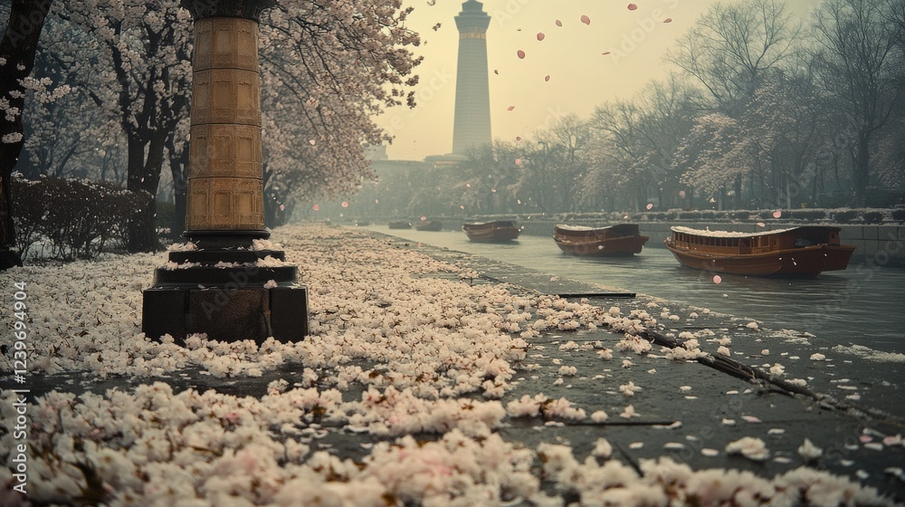 Obraz premium Blossoming Cherry Trees by Tranquil River with Boats and Tower in Scenic Park during Early Spring - Stunning Nature Landscape at Dawn Featuring Blossoms and Water