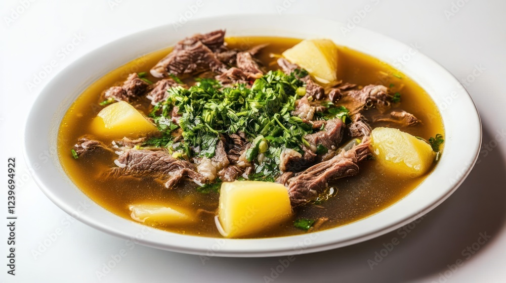 Hearty beef stew, potatoes, herbs, white bowl Hearty beef stew, potatoes, herbs, white bowl