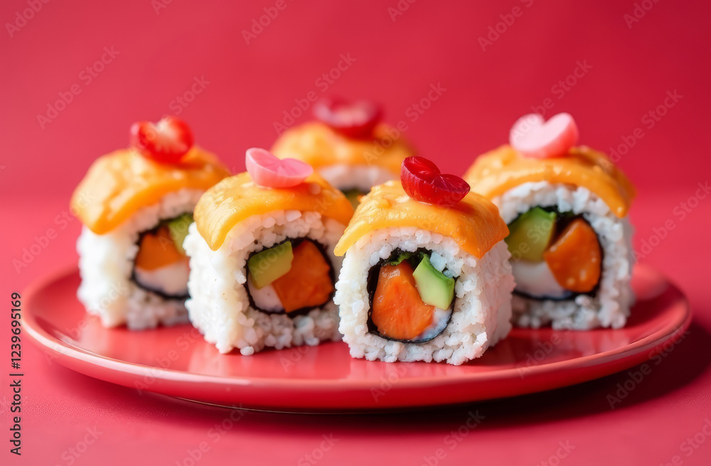 Set of sushi decorated for Valentine's Day on a soft red background, menu, copy space Set of sushi decorated for Valentine's Day on a soft red background, menu, copy space