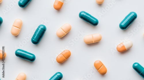 Variety of capsules in orange and teal colors scattered on a white background : Generative AI photo