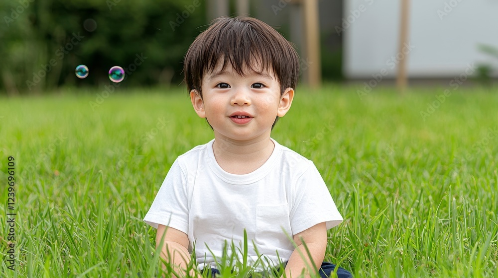 Happy Toddler Boy in Green Grass with Soap Bubbles Happy Toddler Boy in Green Grass with Soap Bubbles