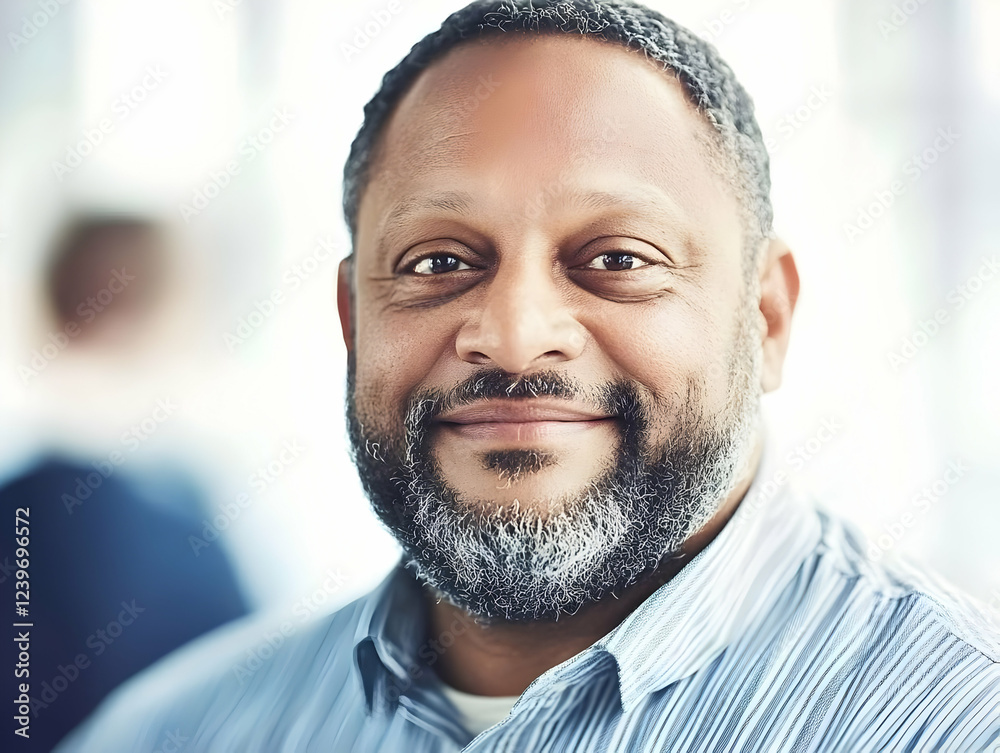 Portrait of a Confident Man Smiling Gently in a Bright Office Setting with Soft Focus Background.