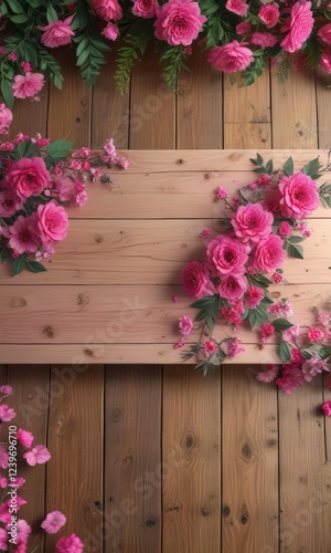 Colorful pink floral banner stretched across a wooden table ,  garden party,  home decor,  outdoor celebration