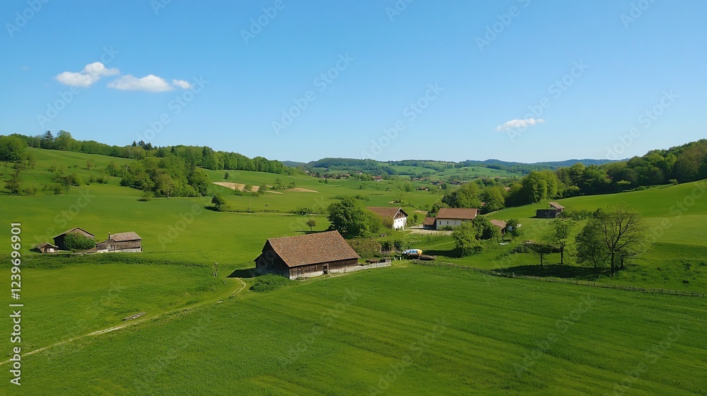 Obraz premium Idyllic Countryside View of Lush Green Fields and Traditional Farmhouses under Blue Sky